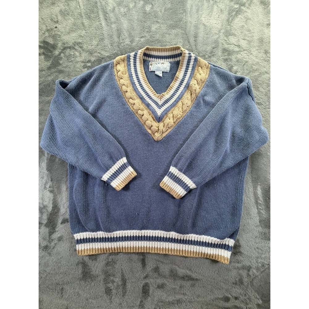 Vintage Golden Touch Blue Cricket V-Neck Cable Knit Sweater 24W Ramie Cotton